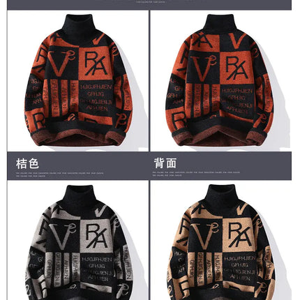 2024 Winter men's flower pattern Sweaters thick O-neck sweater men youth autumn Men's Turtle neck wool Casual Knitwear Pullover