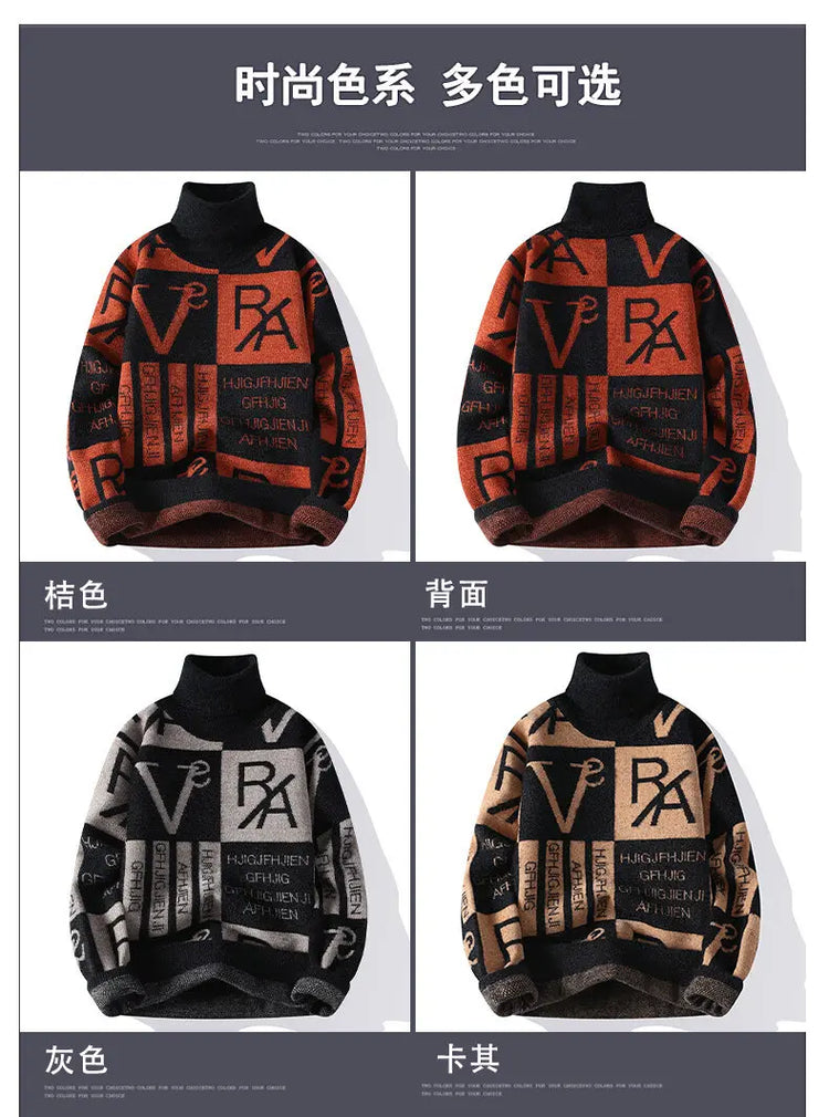 2024 Winter men's flower pattern Sweaters thick O-neck sweater men youth autumn Men's Turtle neck wool Casual Knitwear Pullover