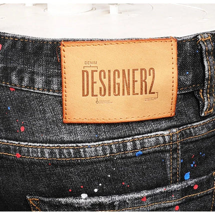Fashion Streetwear Men Jeans Retro Black Blue Elastic Slim Fit Ripped Jeans Men Spliced Designer Embroidery Hip Hop Denim Pants PlatiNum