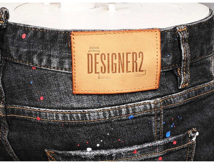 Fashion Streetwear Men Jeans Retro Black Blue Elastic Slim Fit Ripped Jeans Men Spliced Designer Embroidery Hip Hop Denim Pants PlatiNum