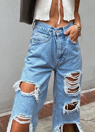 Jeans in denim effetto consumato da donna Pantaloni a tubo larghi casual dritti con foro strappato Street Style