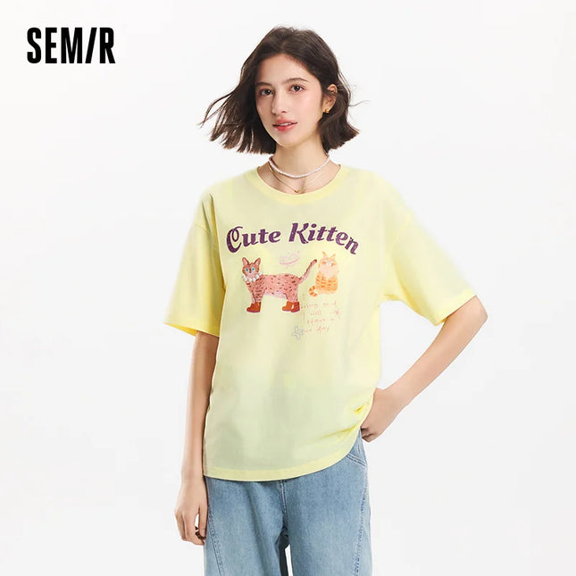 Women's Semir Short-Sleeve T-shirt, Medium Length, Cute Print, Retro Style, New 2025 Summer Collection, Breathable Loose Top, Niche Style