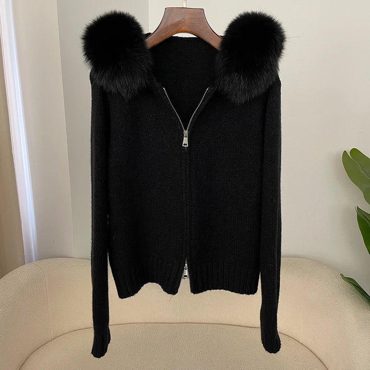 OFTBUY Real Fox Fur Kintwear Women New Spring Autumn Hooded Sweater Female Loose Zipper Kintted Jacket Oversized Cardigan