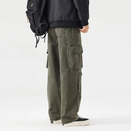 Autumn New Cargo Loose Multi-pockets 100% Cotton Straight Pants for Men Clothing Comfort Zipper Male Trouser GF258113