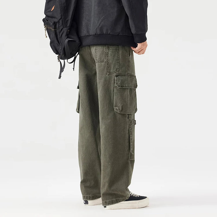 Autumn New Cargo Loose Multi-pockets 100% Cotton Straight Pants for Men Clothing Comfort Zipper Male Trouser GF258113