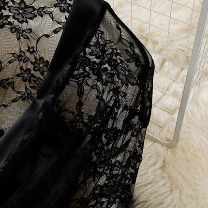 Vestido de talla grande de encaje negro con ribetes de satén: lazo en la cintura, tejido transparente para un elegante y sexy atuendo de estar en casa.seksi iç çama beheları kadın