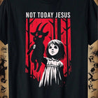 Men's Gothic Style 'Not Today Jesus' Graphic T-Shirt - Retro Horror Art Red And Black Character Design PlatiNum