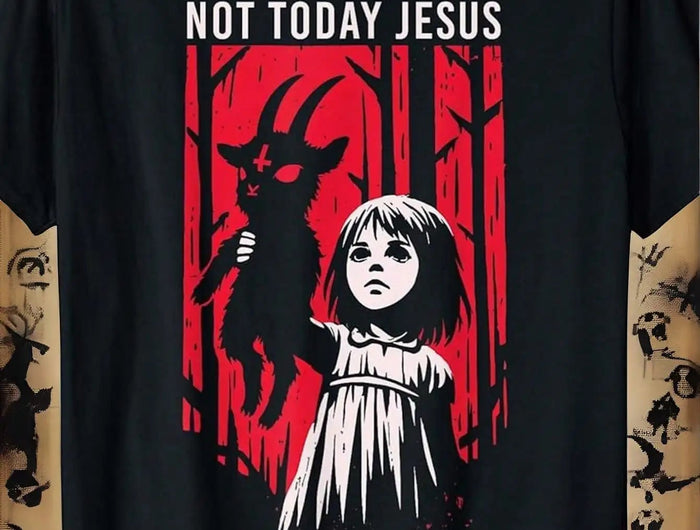 Men's Gothic Style 'Not Today Jesus' Graphic T-Shirt - Retro Horror Art Red And Black Character Design PlatiNum