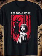 Men's Gothic Style 'Not Today Jesus' Graphic T-Shirt - Retro Horror Art Red And Black Character Design PlatiNum