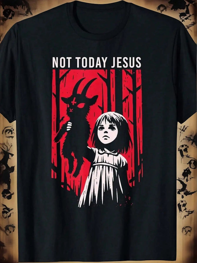 Men's Gothic Style 'Not Today Jesus' Graphic T-Shirt - Retro Horror Art Red And Black Character Design PlatiNum