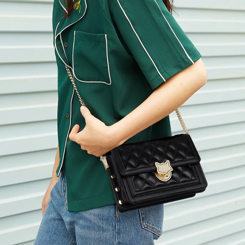 FOXER Women Split Leather Messenger Bags New Designe Lady Stylish Chains Lattice Shoulder Crossbody Bag Female Classical Flap