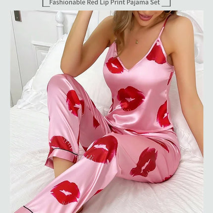 Pigiama da donna in raso con stampa labbra Top Cami con scollo a v e pantaloni elastici per le donne pigiama comodo sonno e abbigliamento da casa