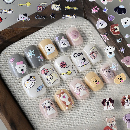 1Pcs 5D Lovely Dog/Cat Nail Art Stickers Cartoon Puppy Kitten Pet Animal Adhesive Nail Decals Y2K Manicure Decorations Sliders &