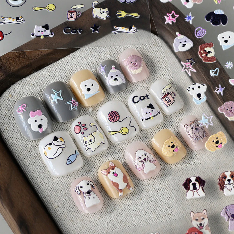 1Pcs 5D Lovely Dog/Cat Nail Art Stickers Cartoon Puppy Kitten Pet Animal Adhesive Nail Decals Y2K Manicure Decorations Sliders &