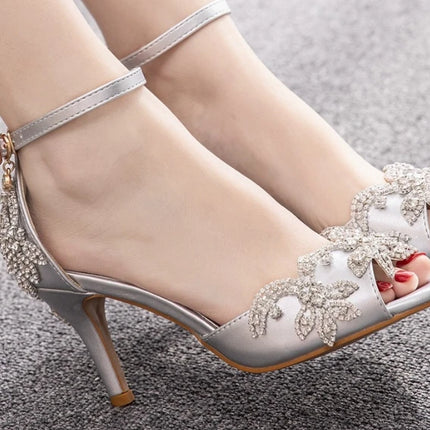 Sandalias de mujer de calidad femenina con diamantes de imitación de PU, tacón delgado de 7 cm, correa de hebilla, zapatos de vestir de estilo coreano para mujer, azul cielo maduro