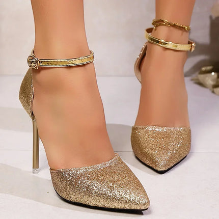 Tacchi altissimi Scarpe da sposa per feste con glitter dorati Scarpe da donna sexy con cinturino alla caviglia Décolleté da donna 2025 Sandali con tacco a spillo