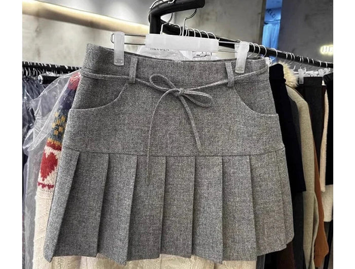 MEXZT Streetwear Woolen Mini Skirt Women Harajuku Bow Lace Up Black Pleated Skirts Autumn Winter Fashion Korean Preppy Faldas PlatiNum