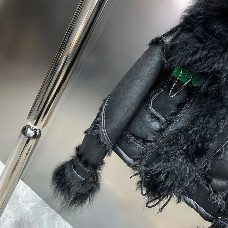 Winter Faux Lambskin Lapel Long-sleeved Inner Liner Thickened Fur One-piece Cotton-padded Jacket Street Fashion Warm Women Coat