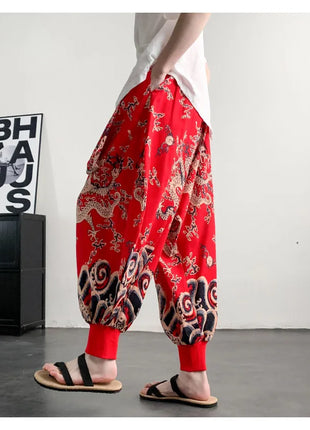 Men's Summer Pants 2026 Lightweight Thin Cotton Comfortable Beach Trousers, Loose Casual Hip Hop Printed Pants, Fashion Oversized Jogger Pants