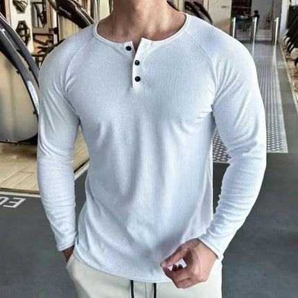 Men Sports High-Elastic Fitness Long Sleeve T-Shirt 2025 Autumn New Slim Fit Henley Collar Tshirt Men Streetwear Casual T-Shirt PlatiNum