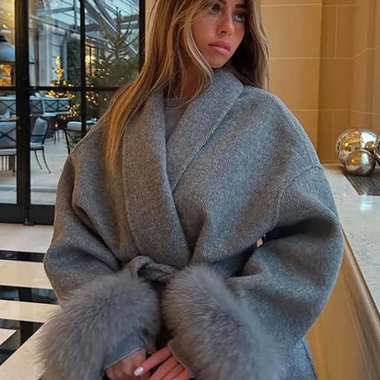 Women's Solid Color Lace Up Fur Collar Woolen Overcoat Bathrobe Style Long Loose Coat Advanced Atmosphere Autumn Winter Overwear