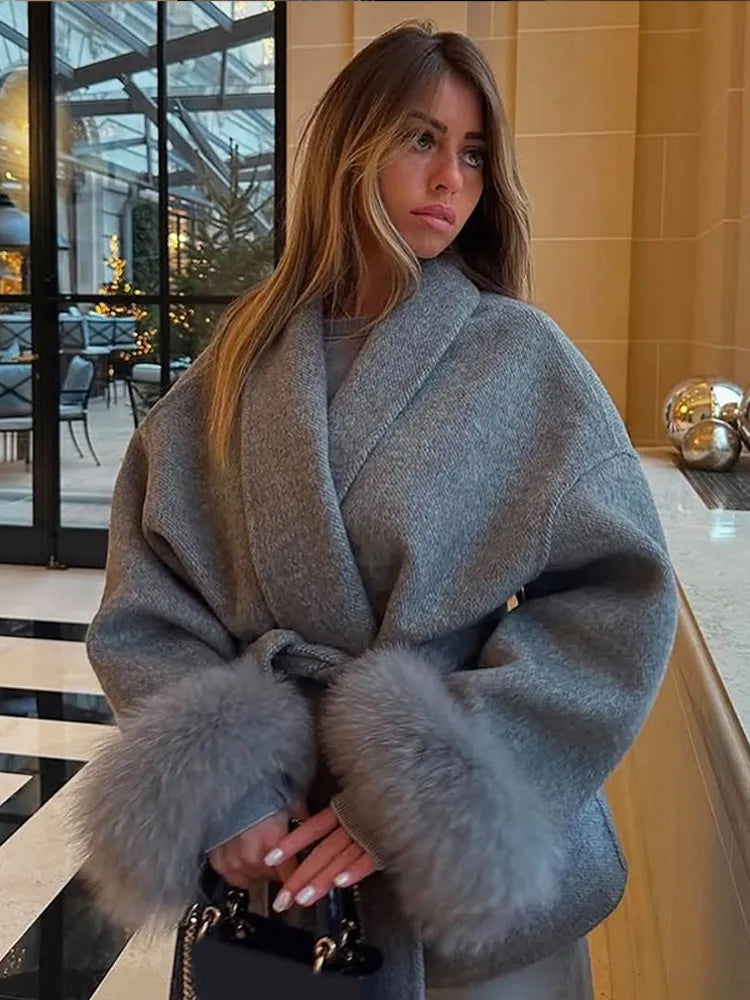 Women's Solid Color Lace Up Fur Collar Woolen Overcoat Bathrobe Style Long Loose Coat Advanced Atmosphere Autumn Winter Overwear