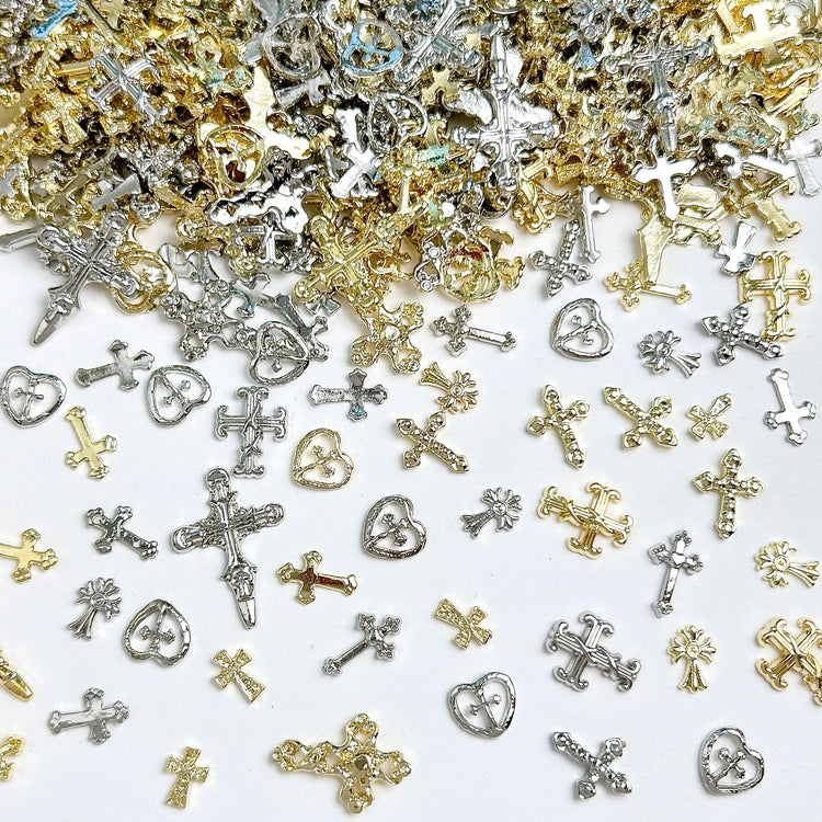 30PCS Multiple Style Shiny Alloy Cross Nail Art Charms 3D Retro Creative Heart Cross Nail Decorations for DIY Y2K Nails Designs