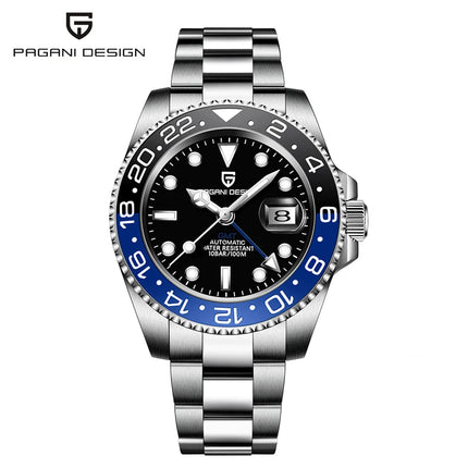TOP PAGANI DESIGN PD1662 GMT Orologio meccanico automatico da uomo Cinturino in acciaio inossidabile Anello in ceramica blu Quadrante bianco Resistente all'acqua fino a 100 m Orologi da polso sportivi da uomo luminosi per uom