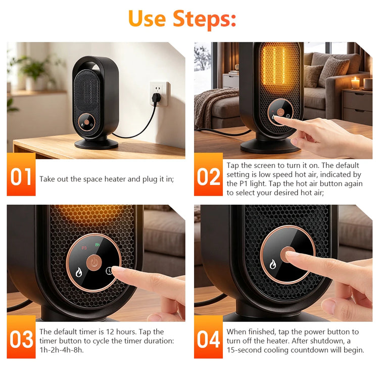 1000W Winter Portable Desktop Heater 4 Timer Settings Warm Air Blower PTC Fast Heating Household Heater for Home Office Indoor