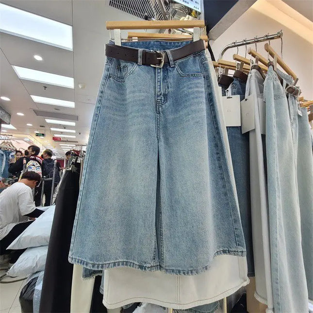 Jeans Larghi da Donna Vintage Estivi a Vita Alta in Denim Solido, Pantaloni Casual Streetwear a Gamba Larga, Jeans a Tre Quarti