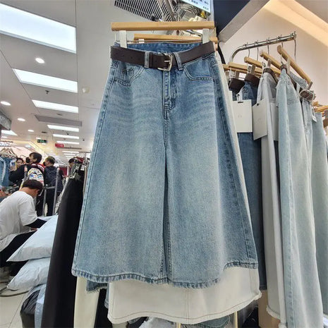 Jeans Larghi da Donna Vintage Estivi a Vita Alta in Denim Solido, Pantaloni Casual Streetwear a Gamba Larga, Jeans a Tre Quarti