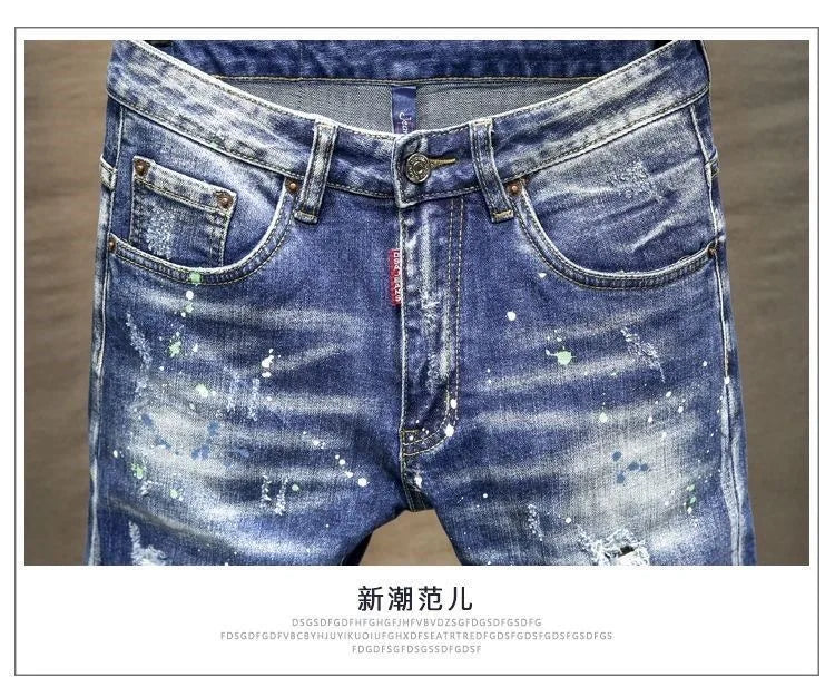 Spring and Autumn New Fashion Trend Ripped Retro Straight Leg Blue Jeans Men's Casual Loose Comfortable Breathable Denim Pants PlatiNum