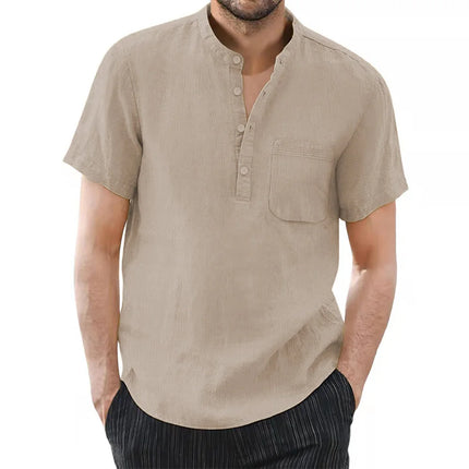 Men's Short Sleeve Cotton Linen T-shirt Casual Solid Color Men's Summer Shirt Cozy and Breathable