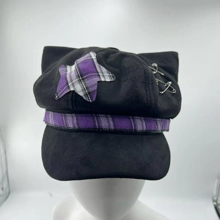 Alt Y2K Cat Ear Visor Hat Plaid Tape Decor Gothic Punk Black Cap Harajuku Street Cosplay Fashion Headwear