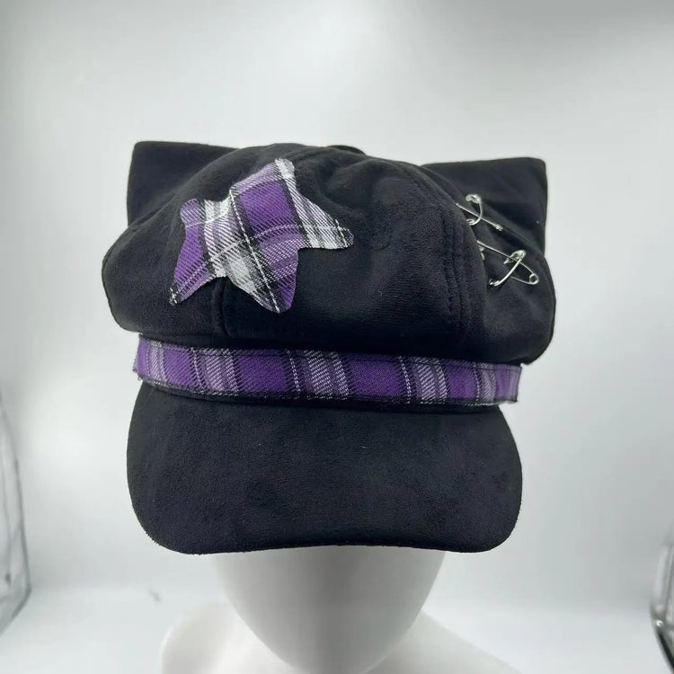 Alt Y2K Cat Ear Visor Hat Plaid Tape Decor Gothic Punk Black Cap Harajuku Street Cosplay Fashion Headwear