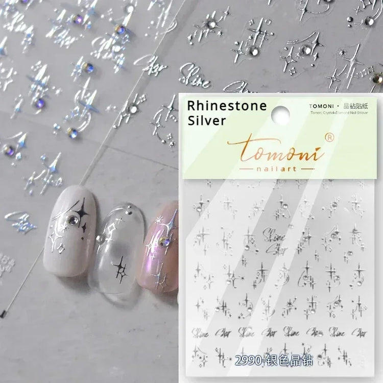 Punk Glitter Powder Blue Pink Star Charm Laser Silver Gold Starlight Rhinestones Moon DIY Nail Art Stickers Manicure Tool Decals