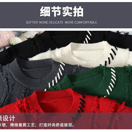 Autumn Winter Warm Mens Knitted Sweaters Fashion Patchwork O Neck Knit Pullovers Korean Streetwear Pullover Casual Mens Clothing