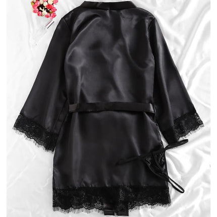 Pigiama da donna sexy nero in raso 4 pezzi di pizzo di seta reggicalze pantaloncini abito pigiama set camicia da notte biancheria intima camicia da notte vestito