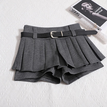 Womens Shorts Autumn Winter Belt High Waist Fluffy Pleated A-line Short Pants Korean Fashion Sexy Y2k All Match Clothes