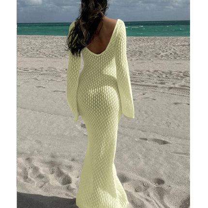 Nuovo stile lavorato a maglia scava fuori scollo a V abito a maniche lunghe da donna vacanza al mare bikini senza schienale copricostume protezione solare abito lungo platinumshop