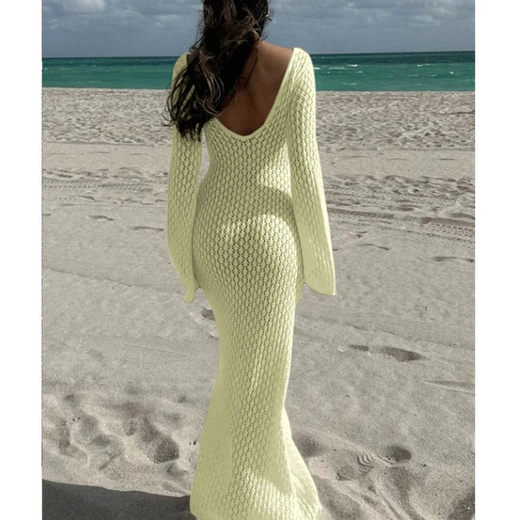 Nuovo stile lavorato a maglia scava fuori scollo a V abito a maniche lunghe da donna vacanza al mare bikini senza schienale copricostume protezione solare abito lungo platinumshop