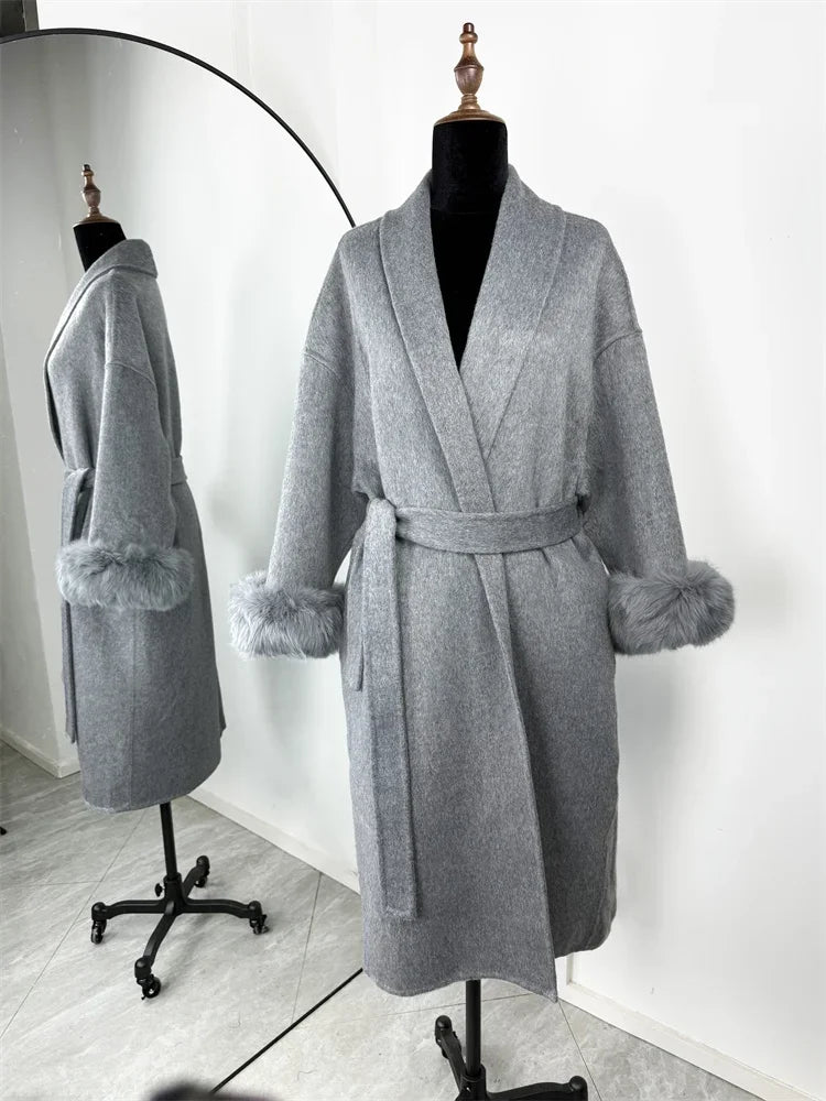 Elegant Lace Up Woolen Short Coat Solid Loose Lapel Furry Long Sleeve Belt Waist Jacket 2026 Spring Autumn Lady Chic Cardigan