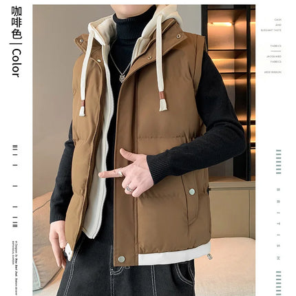 Men Windproof Hooded Vest Men Jacket Sleeveless Vest Winter Jacket Casual Coat Men Down Cotton Warm Thicken Waistcoat Thick Coat
