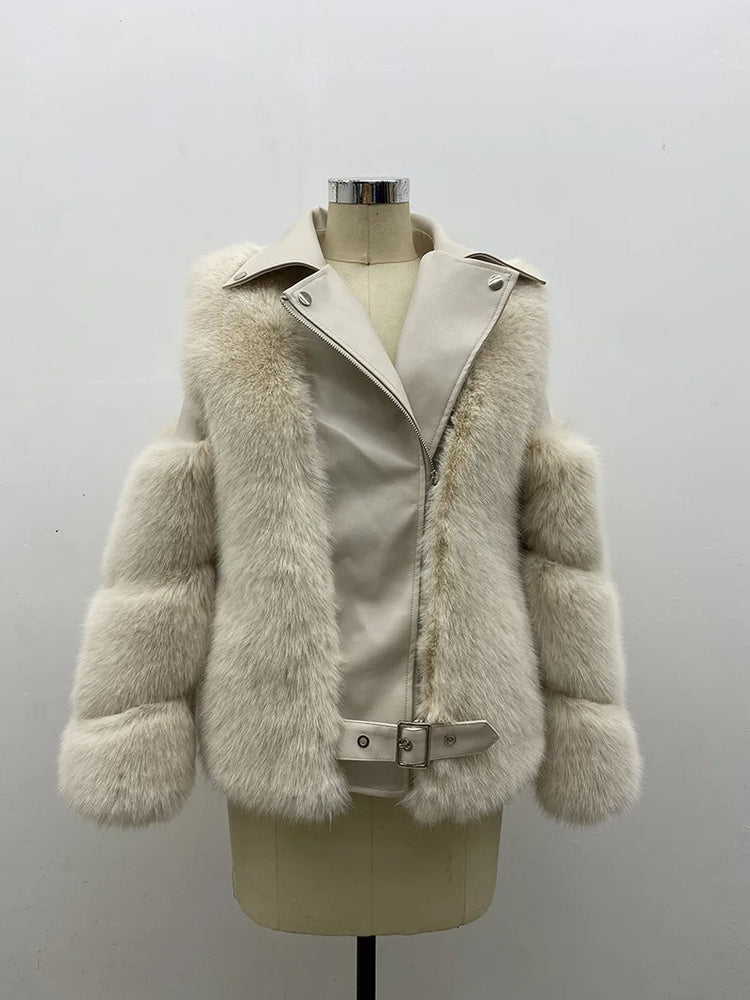 ZADORIN Top Fashion Luxury FAUX Fox Fur Coat Motorcycle PU Leather Turn Down Collar Warm Faux Fur Jacket Women Autumn Winter New