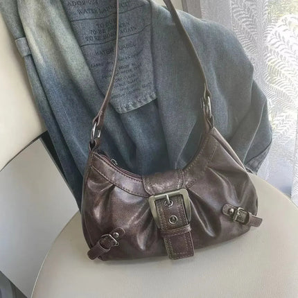 Y2K Vintage Distressed Leather Women Bag Shoulder Bag Maillard Style Underarm Purse Two Tone Crossbody Bag for Women PlatiNum