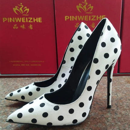 New round polka dot silk high heels with pointed toe, shallow mouth, thin heel 12cm Sexy French Girl Single Shoes PlatiNum