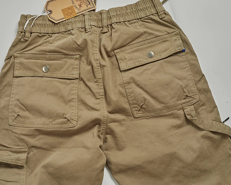 Autumn New American Retro Woven Cargo Pants Men's 97.5% Cotton Washed Elastic Waist Drawstring Loose Casual Anke-tied Trousers