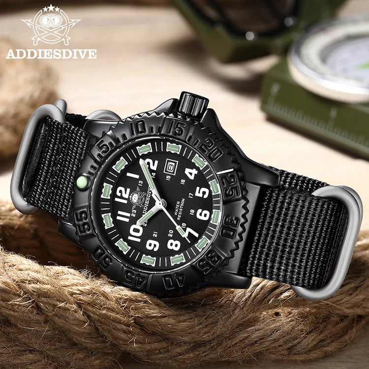 ADDIESDIVE Luxury Men Watch Luminous Dial 50m Water Resistance Date Display Outdoor Casual Men's Quartz Men Watch Nylon Strap