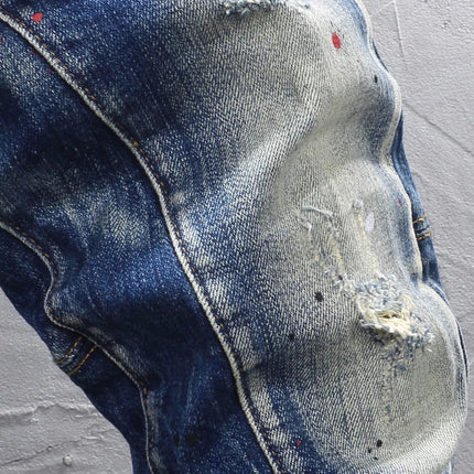 Street Designer Fashion Men Jeans Retro Blue Stretch Slim Fit Spliced Ripped Jeans Men Y2K Painted Vintage Denim Pants Hombre PlatiNum