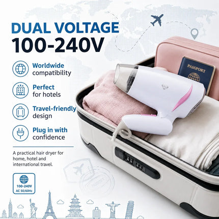 1600W Dual Voltage Hair Dryer Foldable Design 100-240V Portable Travel Hairdryer Hot Cold Air Styling Tool Hotel Use